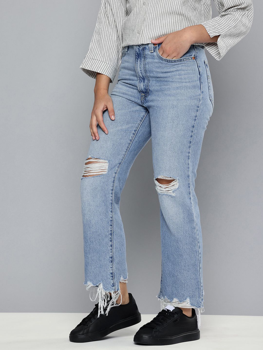 Women's Blue Ribcage Cropped Bootcut Fit High Rise Jeans - d5d94acd6cb09ab9dd8b00b338df37a1 View