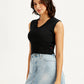 Women's Solid Black V Neck Crop Top - 0b9ab517-4cb3-4693-8817-8d0923a872e2 View
