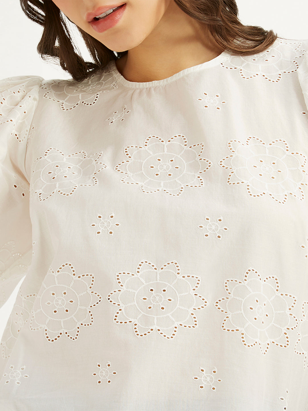 Women's Embroidered White Round Neck Top - 2ebbe0d2-eb43-4567-be35-7a59fe6a11cb View