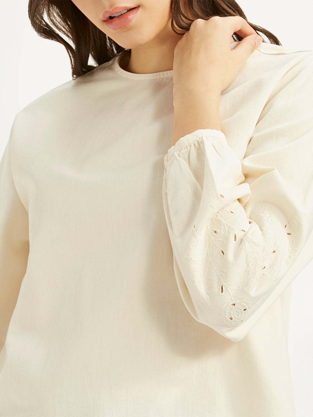 Women's Embroidered Off White Round Neck Top - 375dcc7b-996f-4422-8f00-8b6233c2a8cd View