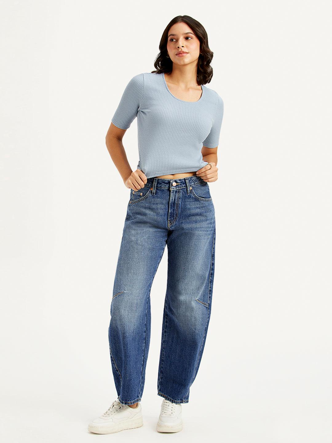 Women's Blue Baggy Dad Barrel Fit Mid Rise Jeans