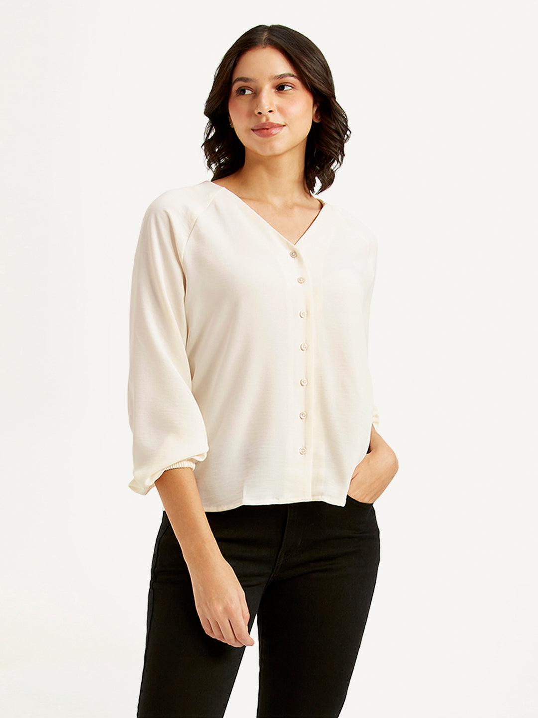 Women's Solid Off-White V Neck Top