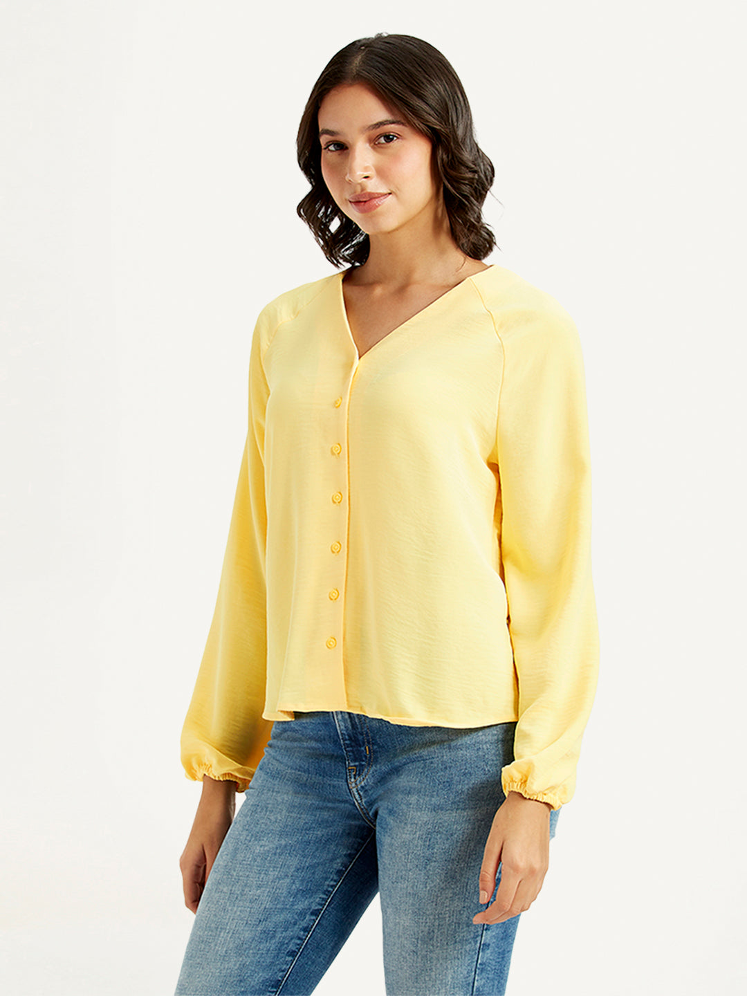Women's Solid Yellow V Neck Top - 7756d98a-338a-42fb-b870-bbf1b4370287 View