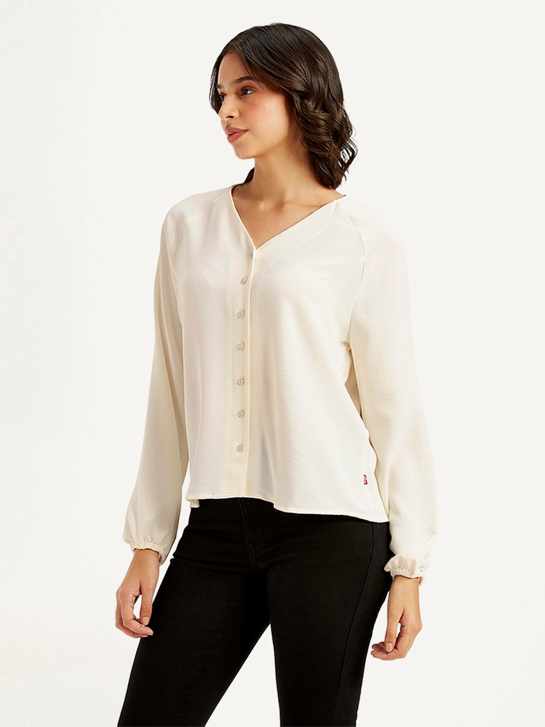 Women's Solid Off-White V Neck Top - 776a7eac-1e6f-46ab-9e2e-7e6dfa1467fd View