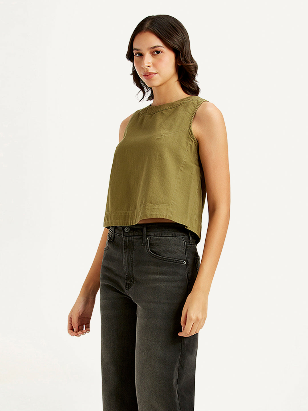 Women's Solid Olive Round Neck Crop Top - 7fc89b75-fe55-48c0-9a66-ba7357ec3d92 View