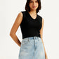 Women's Solid Black V Neck Crop Top - 9a302783-aa2e-4948-94d9-25935e919cb4 View