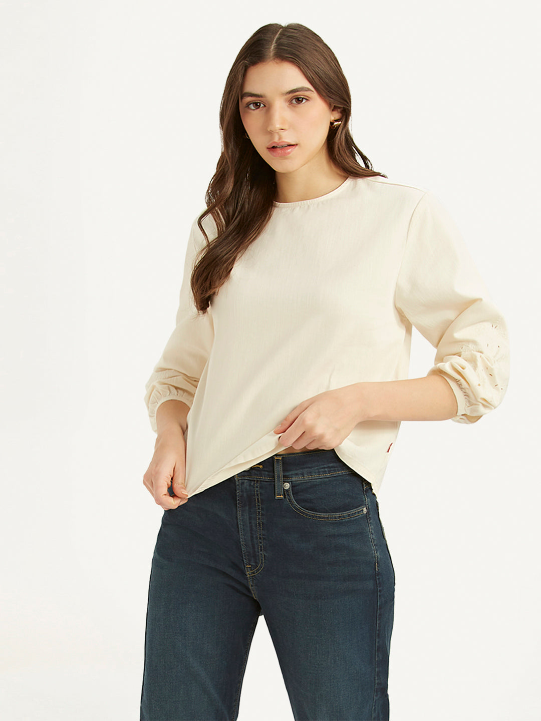 Women's Embroidered Off White Round Neck Top