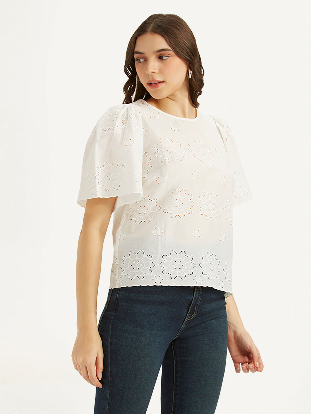 Women's Embroidered White Round Neck Top - b7e4f289-b40d-4de7-922f-d23e5b841412 View