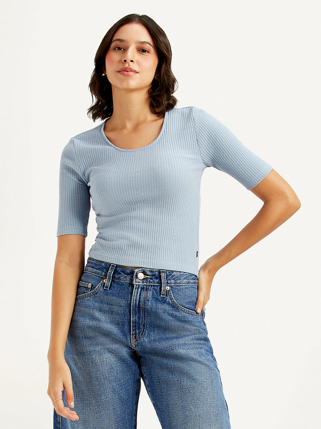 Women's Textured Light Blue Scoop Neck Top