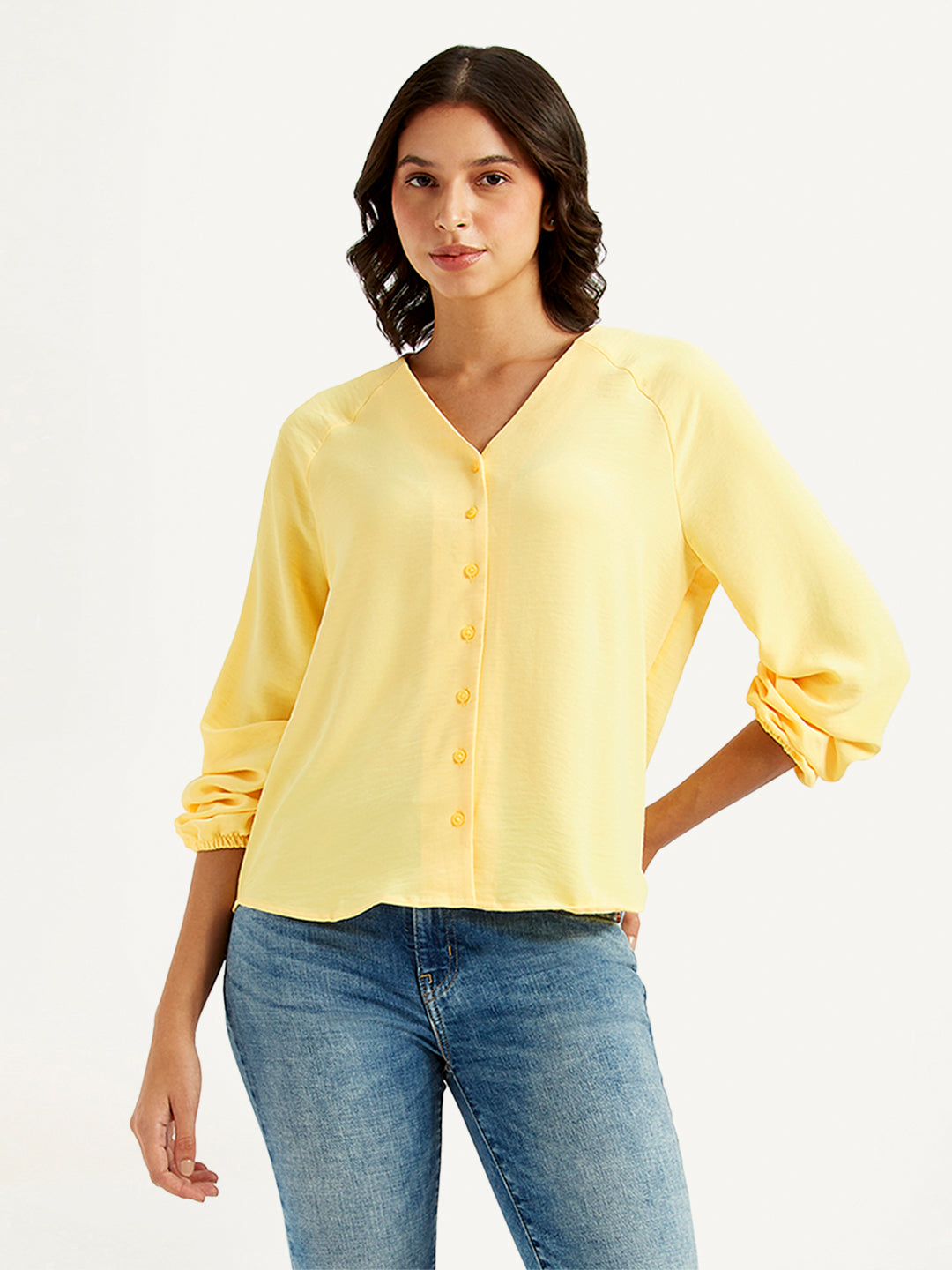 Women's Solid Yellow V Neck Top