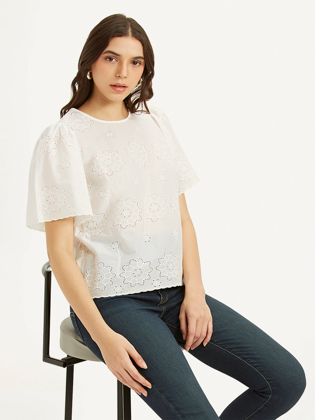 Women's Embroidered White Round Neck Top - ed7b3edc-804c-42ba-a09a-72e0ad2f2382 View