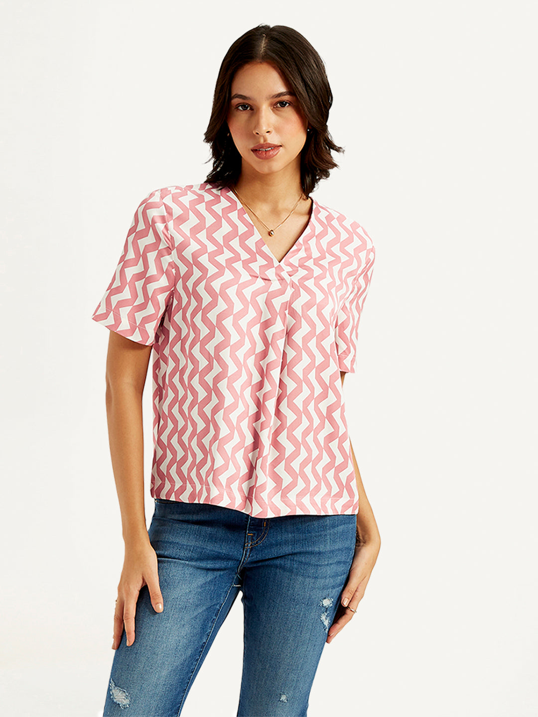 Women's Chevron Pink V-Neck Top - f94f472b-85e6-4a2d-bf7e-cd211fc2f4fa View