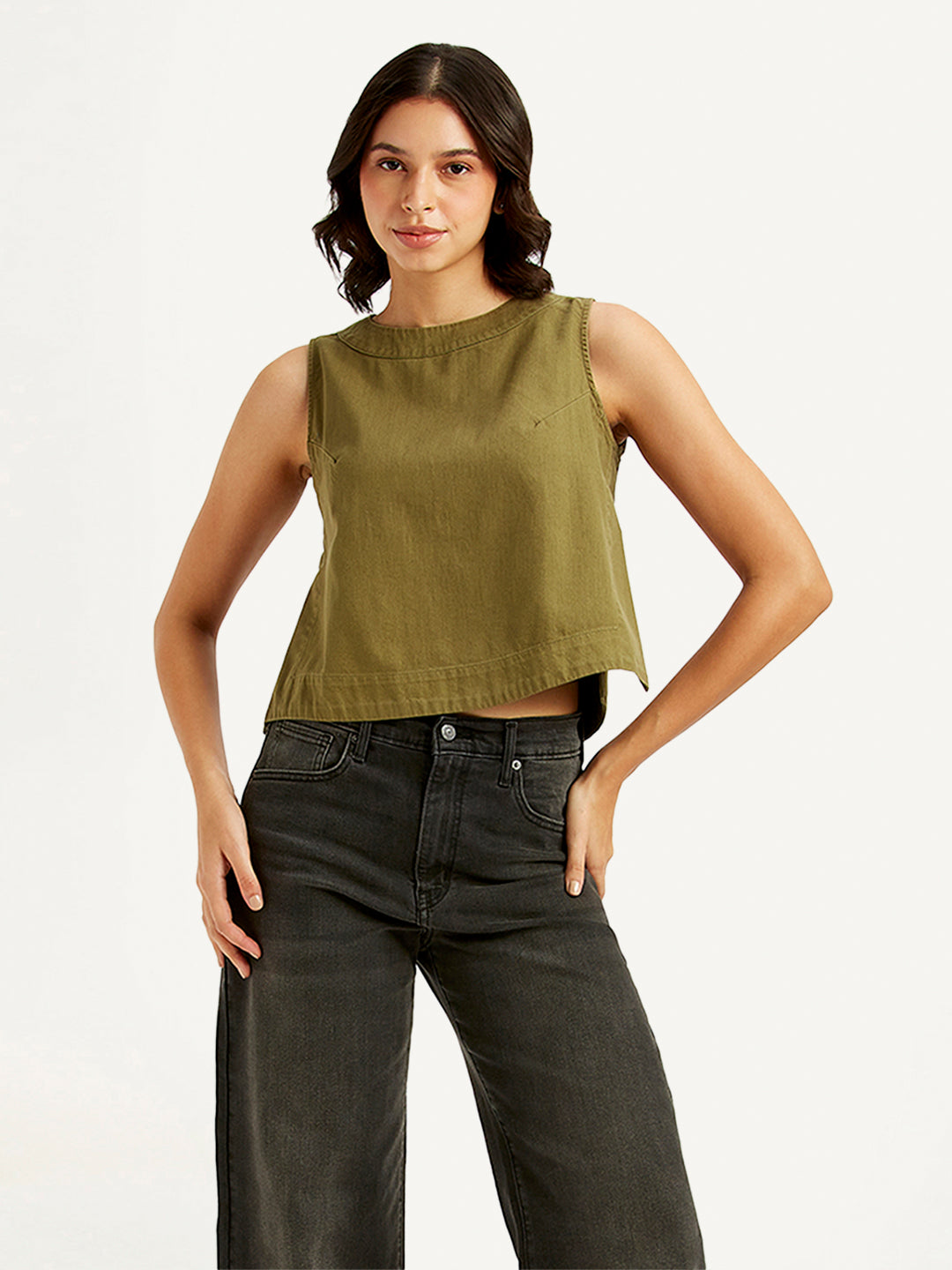 Women's Solid Olive Round Neck Crop Top - fce45791-f918-4a82-8b26-9c231ece3175 View