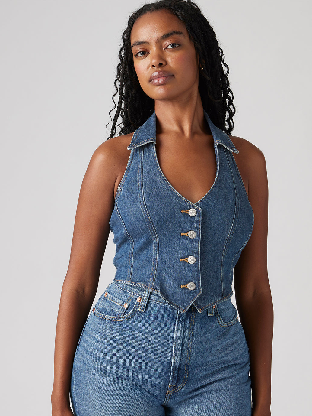 Women's Solid Blue Halter Neck Denim Corset Top - e3e32b2dc725ab7e6f7528dba5cf5e67 View