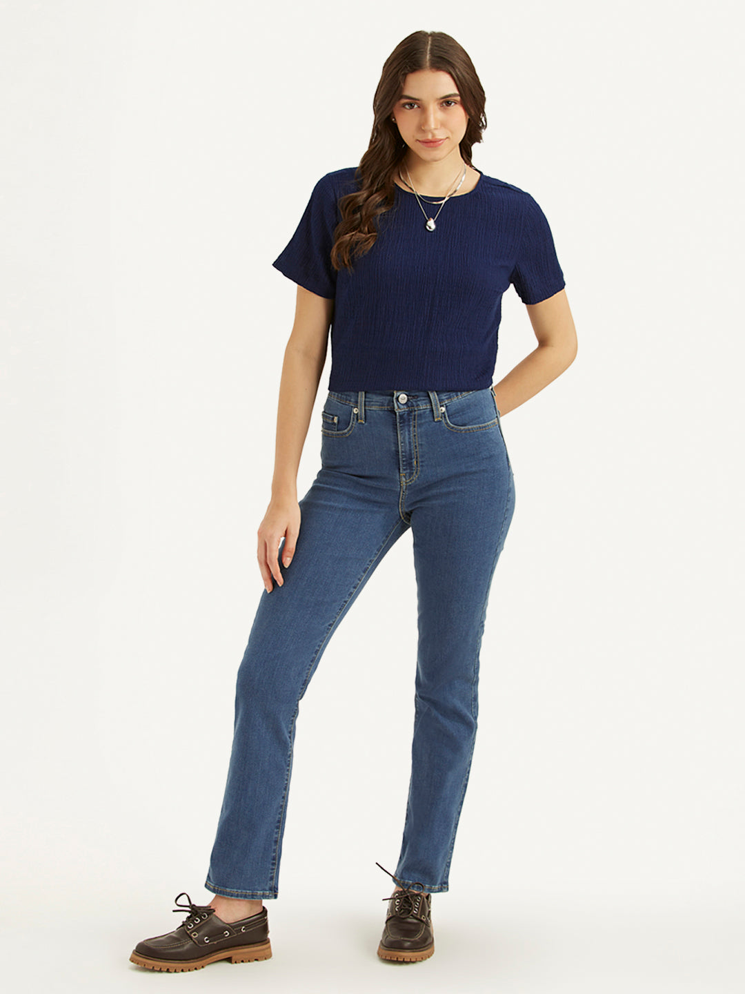 Women's 724 Blue Straight Fit High Rise Jeans - eeb8cb9b6f64cd46aab7596384c8d423 View