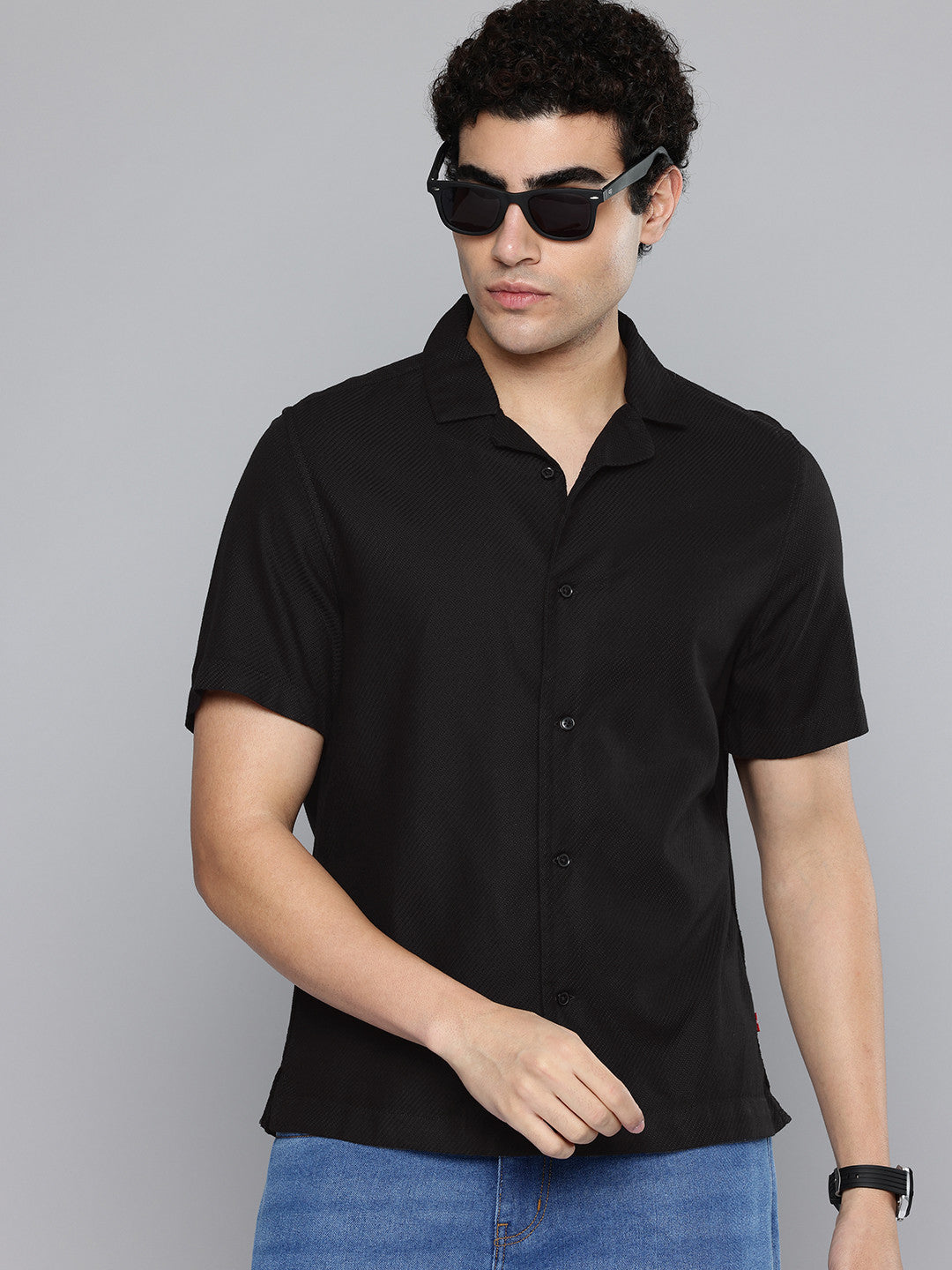 Men's Solid Black Spread Collar Shirt - 7224ec8d1a3c49b1a8e7fb5499a88477 View